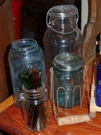 Vintage Blue Ball jar and glass stir sticks 