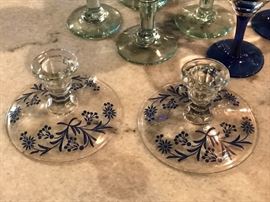 Glass w/blue floral print  candle sticks