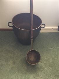 Large copper kettle and huge ladle with wood handle and copper bowl 