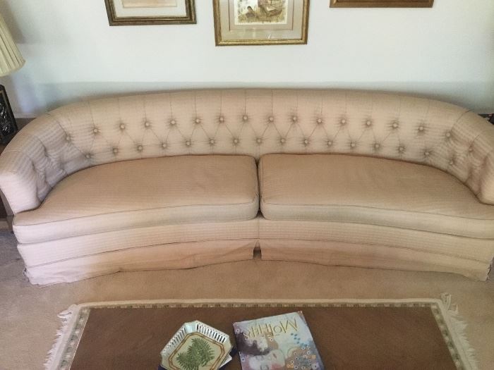 Hollywood Regency curved sofa. Silk damask. Down cushions.  Tufted back. Dorothy Draper eat your heart out! 