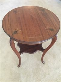 Sweet lamp table with dainty curved legs and marquetry floral top 