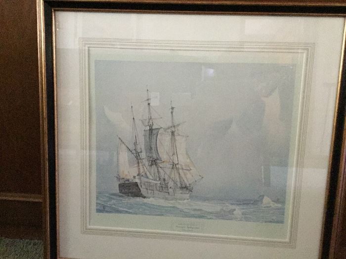 Wm Gilkerson Lithograph. #11. Artist signed.                        Bark “ Charles W. Morgan”.                                                              In among ice, sighting a whale 