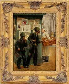 FREDERICK SOULACROIX, (1858-1933) OIL ON WOOD PANEL, H 15", W 11 1/2", CHIMNEY SWEEPS
Lot # 2001