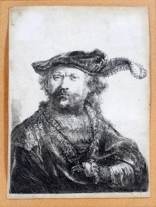 REMBRANDT VAN RIJN (DUTCH, 1606–1669), ETCHING ON LAID PAPER, PLATE SIZE: H 4", W 5 1/4", "SELF PORTRAIT IN A VELVET CAP WITH PLUME", 3RD STATE
Lot # 2032 