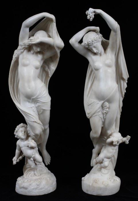 AFTER MATHURIN MOREAU, CARVED ALABASTER ALLEGORICAL FIGURES, C. 1880-1900, PAIR H 25 1/2" & 26 1/4", "NIGHT AND DAY"
Lot # 2047 