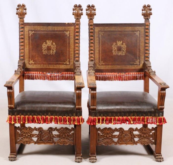 ITALIAN STYLE WALNUT & LEATHER HIGH BACK ARM CHAIRS, PAIR H 53'', W 26''
Lot # 2088 