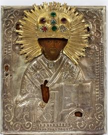 RUSSIAN SILVER & WOOD ICON, H 11", W 9", ST. PETER
Lot # 2098  