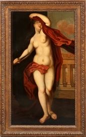 OLD MASTER, CLASSICAL STYLE OIL ON CANVAS, 18TH C., H 56", W 32", ALLEGORICAL/MYTHOLOGICAL NUDE FEMALE WITH DAGGER
Lot # 2108  