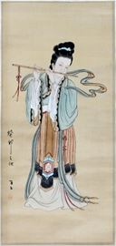 CHINESE HAND-PAINTED SCROLL, H 43", W 22", FEMALE PLAYING FLUTE
Lot # 2165 