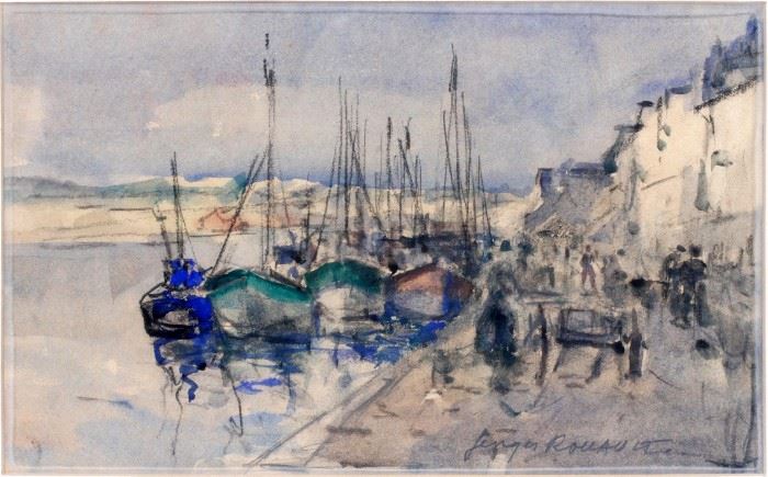 GEORGES DOMINIQUE ROUAULT (FRENCH 1904-2002) WATERCOLOR ON PAPER, H 8", W 13", HARBOR SCENE
Lot # 2218 