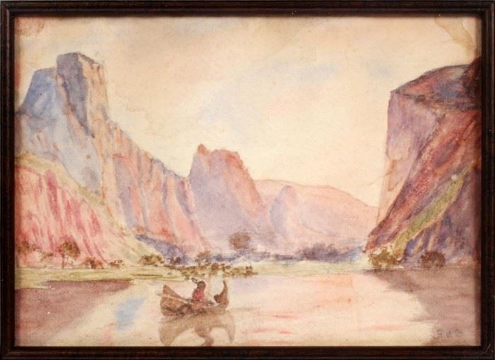 ATTRIBUTED TO RALPH ALBERT BLAKELOCK (AMERICAN, 1847-1919), WATERCOLOR, H 6 1/2", W 8 3/4", INDIAN IN CANOE
Lot # 2230 