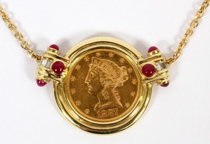 1.1CT RUBIES, .3CT DIAMONDS, & LIBERTY COIN NECKLACE, L 19 1/2", TW: 24.1 GRAMS
Lot # 2260 