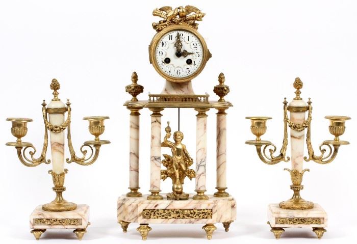 AD MOUGIN, FRENCH MARBLE AND BRONZE CLOCK AND CANDELABRAS CIRCA 1870, 3 PCS. H 11", 15"
Lot # 1019 
