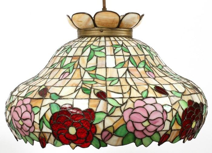 LEADED AND STAINED GLASS HANGING LAMP, H 16", W 25"
Lot # 1025 