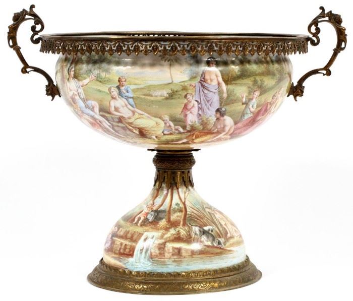AUSTRIAN HAND-PAINTED ENAMEL COMPOTE, 19TH C., H 10", W 12 1/2"
Lot # 1028 