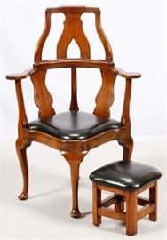 QUEEN ANNE STYLE LEATHER UPHOLSTERY & CHERRY CORNER CHAIR & STOOL, H 44 1/2", W 35", D 25"
Lot # 1040 