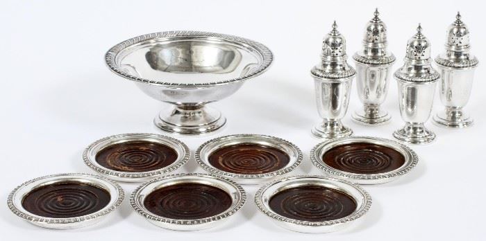GORHAM SILVER SHAKER, COMPOTE, & COASTERS, 11 PCS.
Lot # 1070 