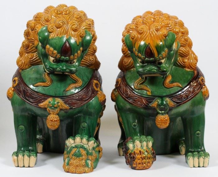 CHINESE EARTHENWARE FOO DOGS, PAIR, WITH TWO STANDS, H 20 3/4", W 12", L 12 1/2", SIZE WITH STANDS H 36"
Lot # 1112 