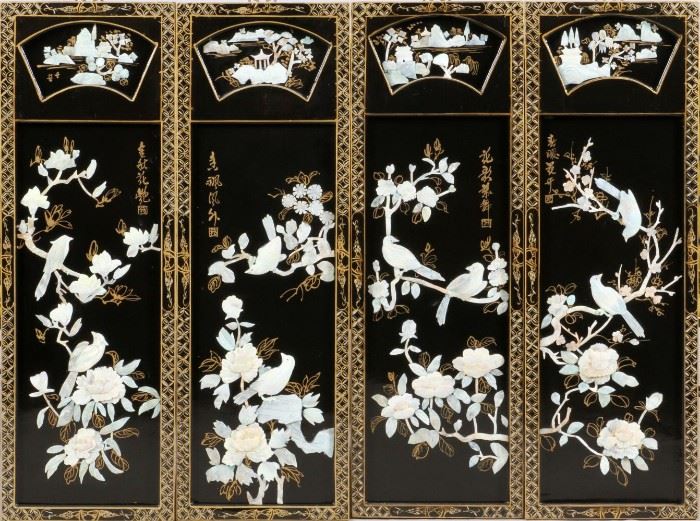 CHINESE LACQUER AND MOTHER OF PEARL WALL PANELS, 4, H 36", W 12" EACH
Lot # 1123 