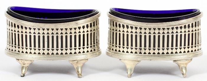 H. WELLS ENGLISH STERLING SILVER & GLASS OPEN SALTS, PAIR, H 2", L 3 1/4"
Lot # 1180 