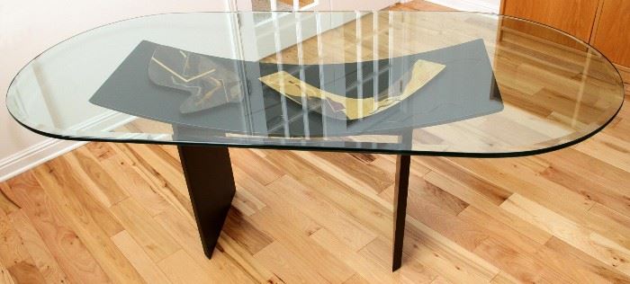 MODERN GLASS AND DECORATED BLACK TABLE, LATE 20TH C., H 29 1/2", W 37 3/4", L 81 3/4"
Lot # 1187 