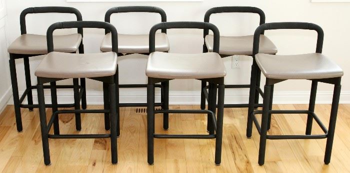 MODERN METAL AND UPHOLSTERED BAR STOOLS, SET OF 6, H 31 1/2", W 18 1/2", D 20 1/2"
Lot # 1191 