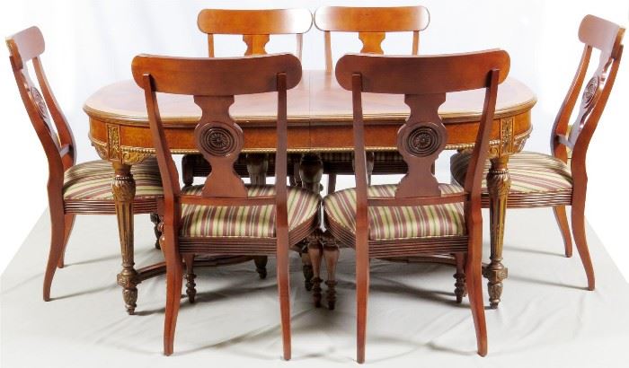 BRAZILIAN ROSEWOOD DINING TABLE, PLUS SIX CHAIRS, NINE PIECES INCLUDING LEAVES
Lot # 1299 