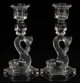 MOLDED GLASS DOLPHIN FORM CANDLESTICKS, PAIR, H 9 1/4", W 4 1/2"
Lot # 1470 