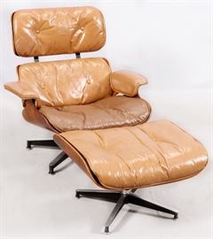 CHARLES EAMES FOR HERMAN MILLER CHAIR & OTTOMAN, 2 PCS, H 32", W 32", D 30"
Lot # 0046 