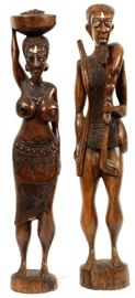 AFRICAN CARVED WOOD SCULPTURES, TWO, H 33.5" & 35", MALE AND FEMALE FIGURES
Lot # 0114 
