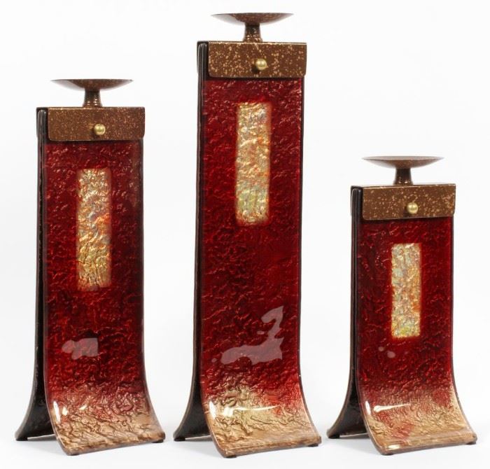 MARK HINES CONTEMPORARY ART GLASS CANDLE HOLDERS, SET OF 3, H 12 1/2"-18 1/2"
Lot # 0271 