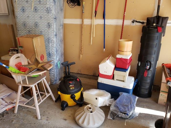Wood high chair; shop vac; coolers; more.