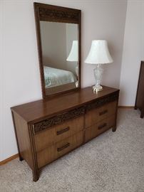 Matching MCM low dresser with mirror; gorgeous glass lamp.