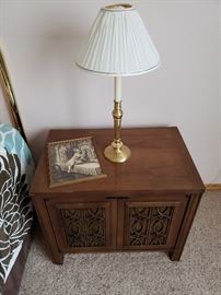 Matching MCM nightstand; lamp; framed print of child and cross.