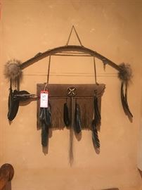 Lot 20: Raw Leather & Bone Quiver & Bow, Rabbit Fur, Horse Hair, Raven Feather