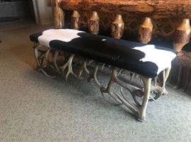 Lot 34: Antler Bench with Cowhide Seat