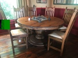 Lot 48: Rustic Round Pedestal Table & 6 Side Chairs by EO Designs