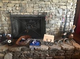 Lot 63: Custom Elk Antler Fireplace Tools with Texas Star Firescreen (Photo 1 of 2)