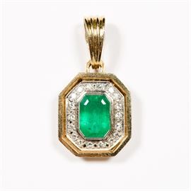 Lot 72E: 18k Two Tone Gold, Emerald & Diamond Pendant