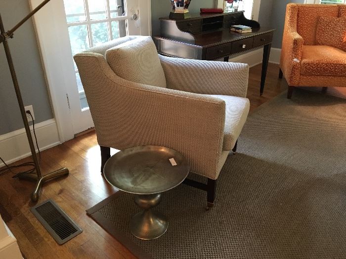 Side table, Lee Jofa upholstered chair, area rug, writing desk, tension pole lamp