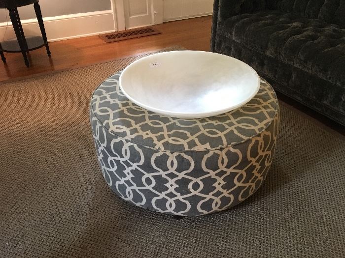 Patterned ottoman, natural stone bowl
