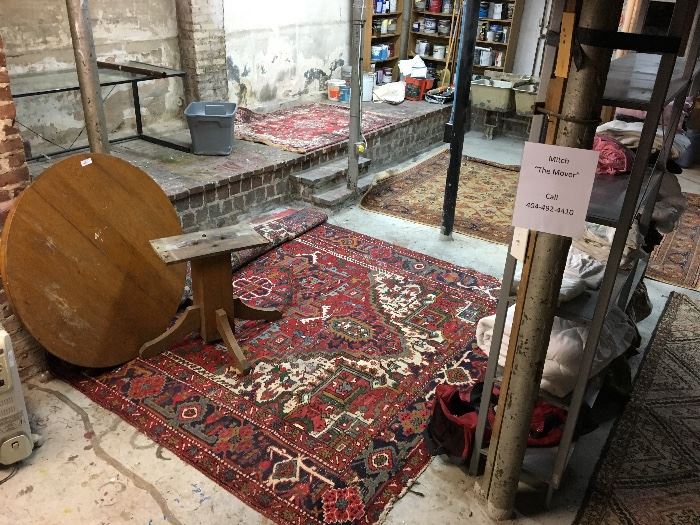 Area rugs, antique wood table with additional leaf (4 chairs for table are next photo)