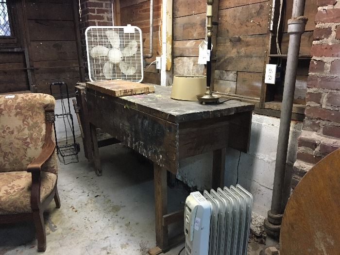 Workbench, antique upholstered arm chair, plug-in heat, fan, lamp (needs fixing!)