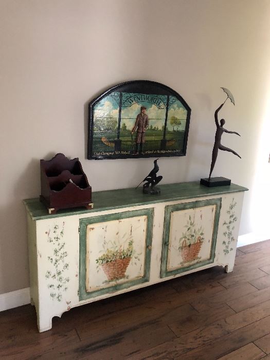 Handpainted Charming cottage credenza.  Bronze statue dancing in the rain by B or S Harmon in 1971 