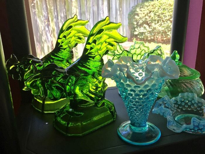 Green glass roosters