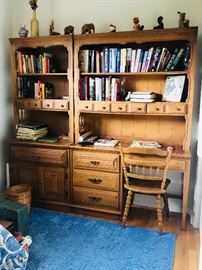 High quality children’s bedroom furniture set. Solid wood construction! Desk with shelves, built in light, matching bookshelves with storage cabinet, double dresser, matching chair and night table.  Sturdy and in excellent condition.  Blue area rug for sale, also.