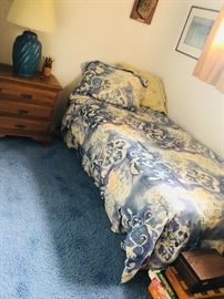 Twin bed. Excellent condition.  Blue table lamp.  Excellent Condition.  Blue area rug for sale, also.