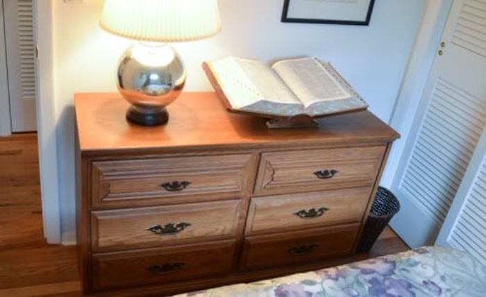 High quality double dresser matches desk and night table and shelves with cabinet.  Table lamp with silver base for sale.