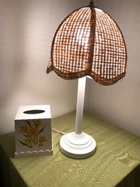 White wicker lamp and flower tissue box cover. 