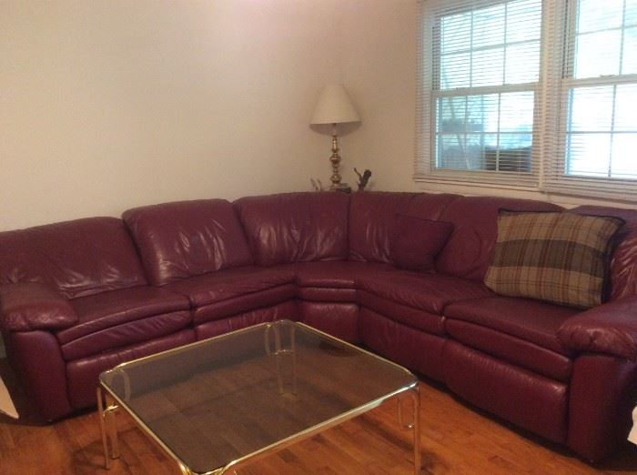 3 piece burgundy leather sectional with recliners on both ends